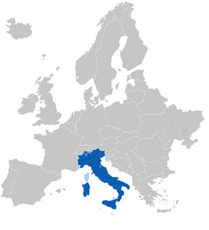 The geographic distribution of the Italian language in Europe.